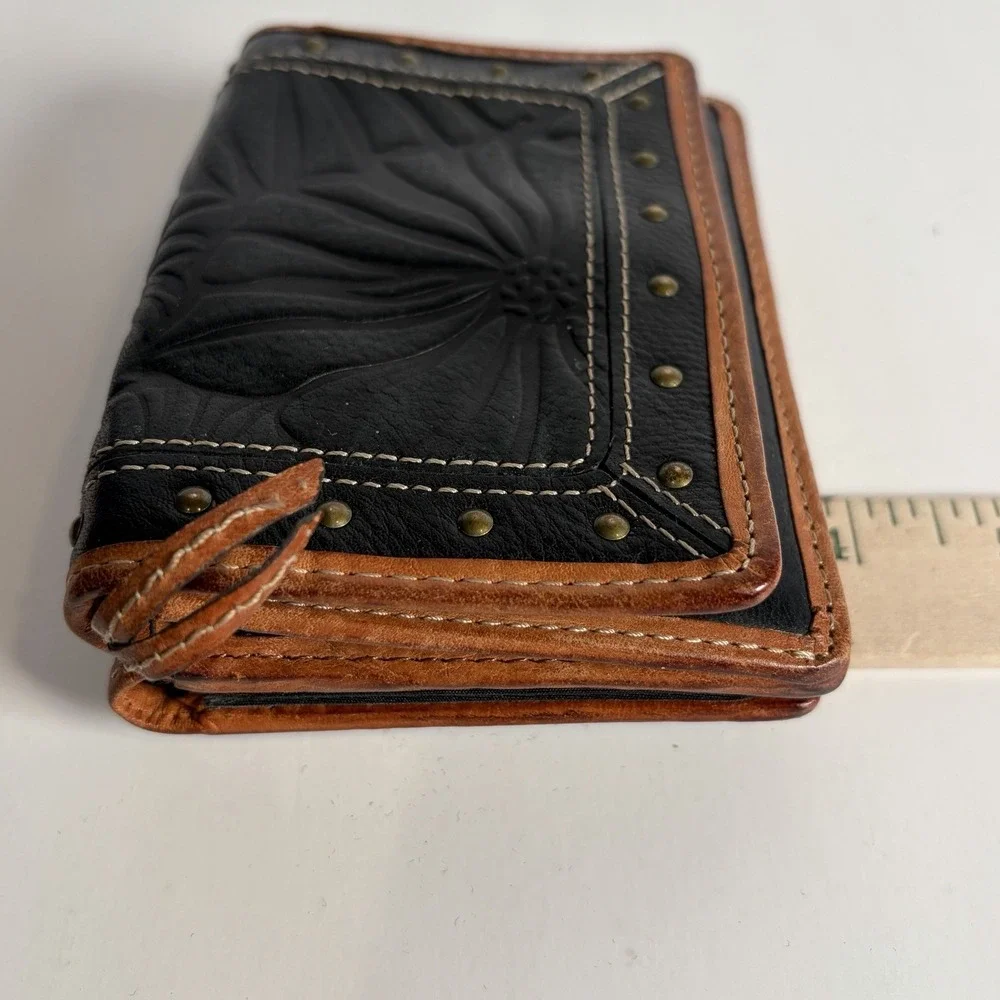 Fossil Women's Wallet Studded Tooled Leather Floral Black Brown